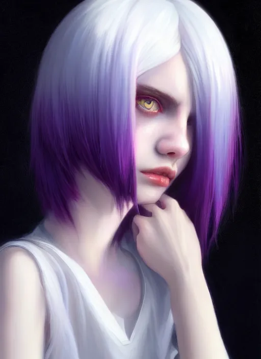 Image similar to hair blackbangs hair, white hair, blackbangs, portrait of teenage girl with white hair, red irises, purple clothes, black bangs, bangs are different color from hair, intricate, elegant, glowing lights, highly detailed, digital painting, artstation, concept art, smooth, sharp focus, illustration, art by wlop, mars ravelo and greg rutkowski