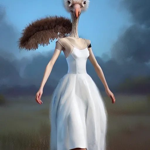 Prompt: an ostrich wearing a white dress , made by Stanley Artgerm Lau, WLOP, Rossdraws, ArtStation, CGSociety, concept art, cgsociety, octane render, trending on artstation, artstationHD, artstationHQ, unreal engine, 4k, 8k,