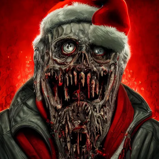 Image similar to Santa engages Armageddon mode, zombie, help, intricate detail, lovecraftian, intense, brutal, digital painting, fine stylization, UHD, 8K