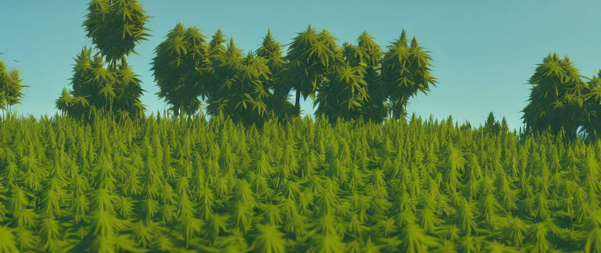 Image similar to 3 d render low poly art, cannabis trees and flowers, field of stoner dreams, unreal engine, dreamy, bokeh