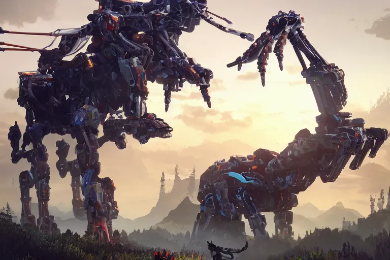 Image similar to longleg machine mecha animal beast robot of horizon forbidden west horizon zero dawn bioluminiscence global illumination ray tracing hdr fanart arstation by sung choi and eric pfeiffer and gabriel garza and casper konefal