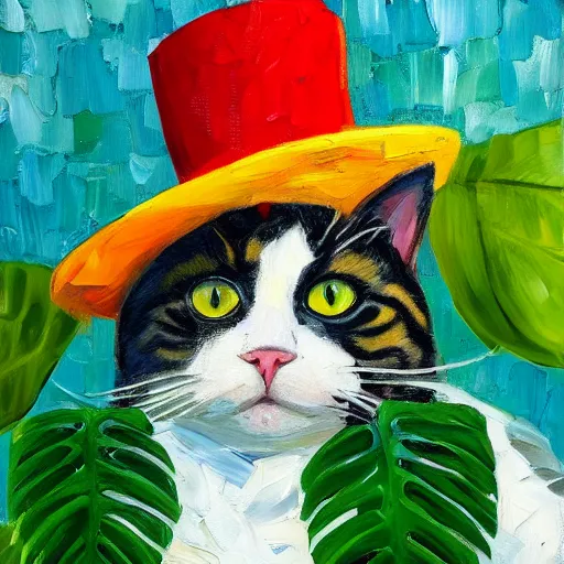 Image similar to palette knife oil painting of a cat wearing a chefs hat sitting on a monstera plant