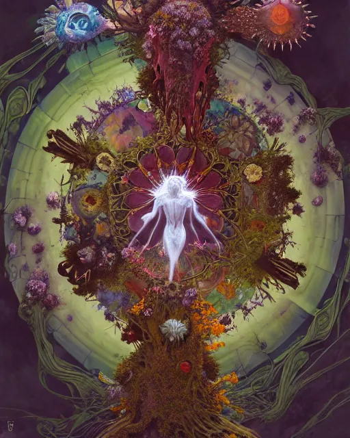 Image similar to the platonic ideal of flowers, rotting, insects and praying of cletus kasady carnage davinci dementor chtulu mandelbulb mandala ponyo dinotopia the witcher, fantasy, ego death, decay, dmt, psilocybin, concept art by randy vargas and greg rutkowski and ruan jia and alphonse mucha