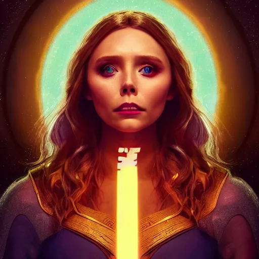 Prompt: elizabeth olsen as the goddess of blackholes!!!!!!, golden ratio!!!!!, centered, trending on artstation, 8 k quality, cgsociety contest winner, artstation hd, artstation hq, luminous lighting