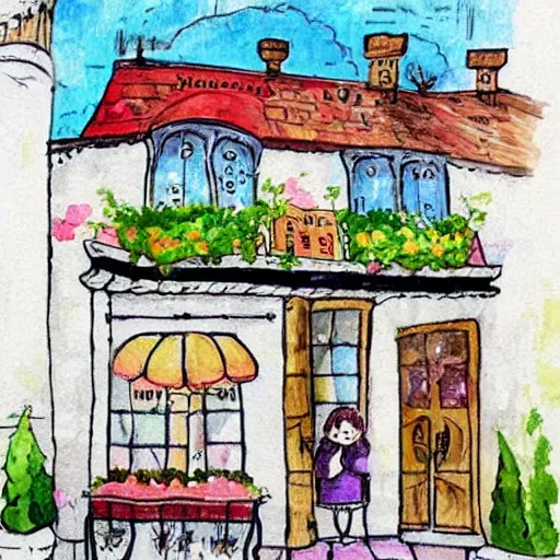 Image similar to beautiful cute cozy very little cafe on a cobblestone street, cute cartoon, low detail, white background, watercolor, 4 colors!!!