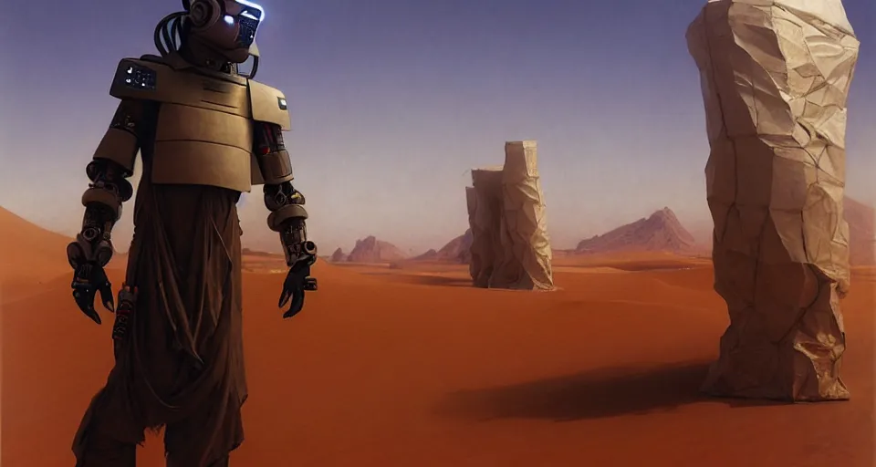 Image similar to protrait of a cyberpunk touareg, by ruan jia, weldon casey, ralph mcquarrie. smooth gradients, transparent inflatable structures in akakus desert.