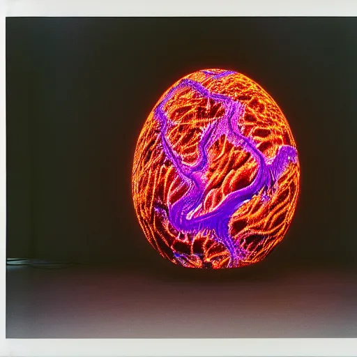 Image similar to annie liebowitz portrait of a plasma energy tron dinosaur egg constructed of glowing electric spirals and patterns. cinestill