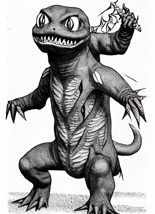 Image similar to charmander as a d & d monster, full body, pen - and - ink illustration, etching, by russ nicholson, david a trampier, larry elmore, 1 9 8 1, hq scan, intricate details, stylized border