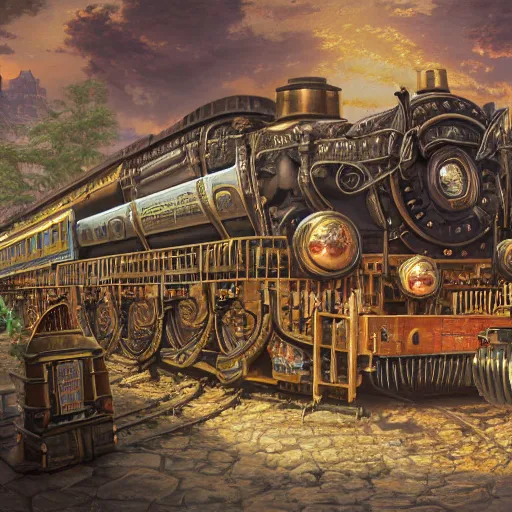 Prompt: a hyper realistic wide angle view of an intricately elaborate steampunk train stopped at a busy railway station, dystopian western, by rossdraws, by Asher Brown Durand, by Thomas Kinkade, micro detail, octane render, physically based rendering, fractalism, insane details, photorealism, fantasy, 8k, cgsociety