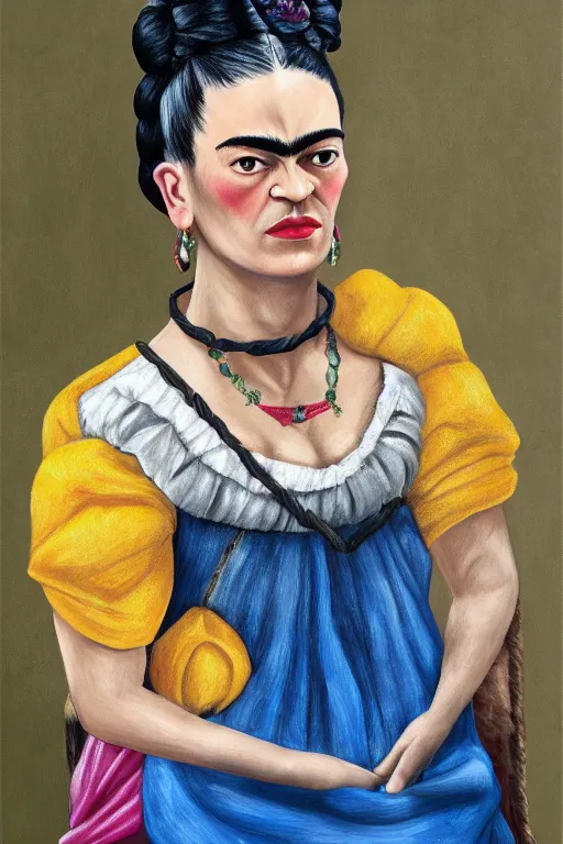 Prompt: a portrait of Frida kahlo wearing a princess dress and rock climbing, hd, 8k, artstation