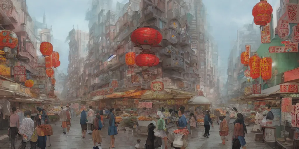 Image similar to morning market in chinatown, slightly foggy day, matte painting, studio ghibli, artstation