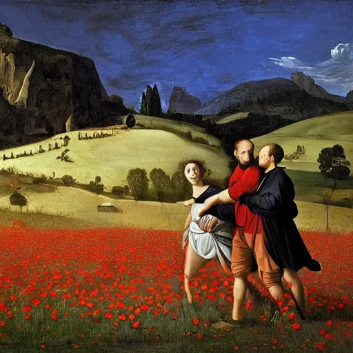 Prompt: a caravaggio painting masterpiece exposed at the Louvres in paris : 3 adults scouts in a red shirt and beige short walking happy in poppy field with a icy moutain in the background and a blue sky This 4K HD image is Trending on Artstation, featured on Behance, well-rendered, extra crisp