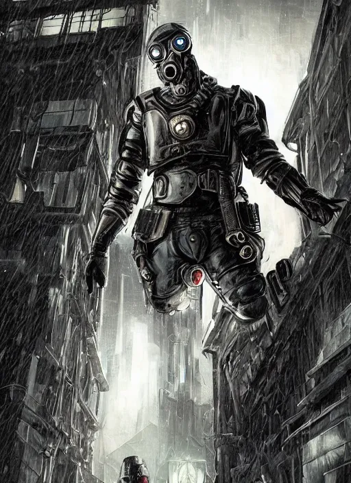 Image similar to An epic fantasy comic book style portrait painting of A genetically engineered super soldier, wearing black jagged armor and a metal gas mask, with sci fi futuristic lights and cybernetics. He is posing at the edge of a gothic building in a cyberpunk imperial russian city with white hot flames in his clawed leather gloved hands. It's a rainy night. Pale white male long curly blond hair. Unreal 5, DAZ, hyperrealistic, octane render, cosplay, RPG portrait, dynamic lighting