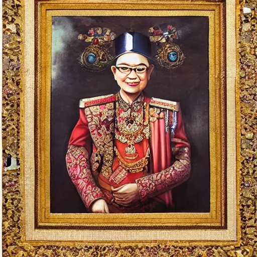 Image similar to sri sultan hamengkubuwono ix with blangkon and batik portrait, detailed, arstation 8 k, art by raden saleh, banksy, basuki abdullah