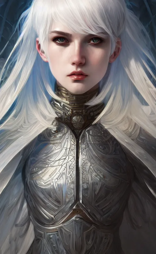 Image similar to portrait white hair knights of zodiac girl, sliver ice color reflected armor, in ruined agora of athens sunrise, ssci - fi and fantasy, intricate and very very beautiful and elegant, highly detailed, digital painting, artstation, concept art, smooth and sharp focus, illustration, art by tian zi and wlop and alphonse mucha