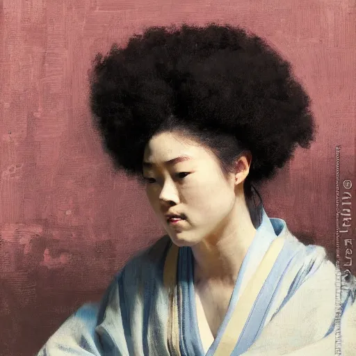 Image similar to girl with a samurai mask on, with afro, in kimono, frontview, sitting on edge of the bed, by jeremy lipking, tim rees, joseph todorovitch