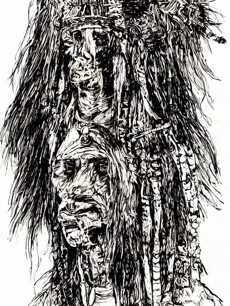 Prompt: a detailed loose wild messy ink sketch portrait of a Native American shaman wearing a bone breastplate in the style of Ralph Steadman, caricature, dramatic with desert colors