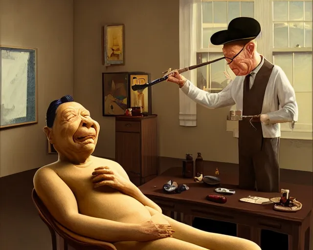 Image similar to the famous snake oil salesman Uncle Aloysius curing a patient of 🐻, painting by Grant Wood, 3D rendering by Beeple, sketch by R. Crumb