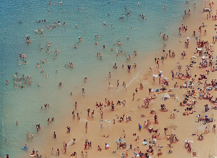 Image similar to close-up color film photography 1970s, aerial view of the beach with a lot of people, soft focus, golden hour, soft light, 35mm, film photo, Joel Meyerowitz