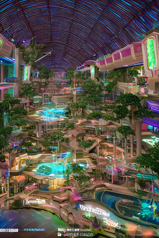 Prompt: render of a cybertron aesthetic indoor liminal retro futuristic mall with a lazy river, long shot, cinematography by Wes Anderson, 4k octane render, intricate detail, photorealistic , cinematic lighting, Artstation