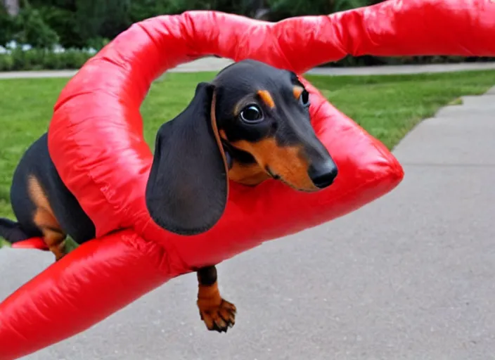 Image similar to Dachshund skydiving while dressed in a hotdog costume