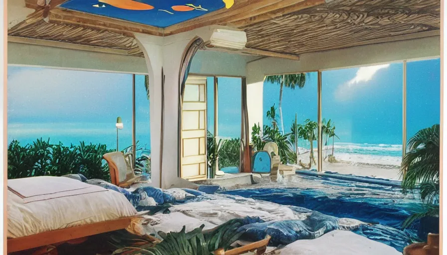 Image similar to A 1985 vintage magazine architecture photo of a bedroom, mediterranean architecture, refracted lines and sparkles, thunderstorm outside, beach and tropical vegetation on the background major arcana sky and occult symbols, hyperrealistic 8k uhd, award-winning, 1985