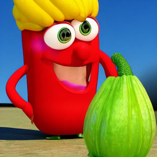 Prompt: larry the cucumber from veggie tales with tall sexy legs and stilettos, 4 k, artstation, chromatic aberration, saturated, beautiful