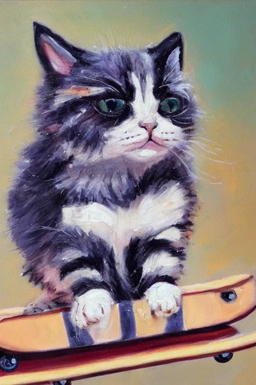 Image similar to oil painting of cute cat on a skateboard