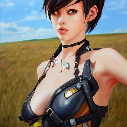 Image similar to oil painting of tracer overwatch in a field wearing spiked collar around neck, in style of martine johanna, expressive face, wearing choker with spikes, steel collar, detailed face, detailed eyes, full body, feminine face, tracer overwatch,