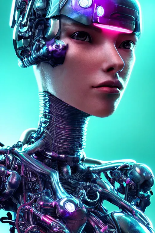 Prompt: cute cyborg girl, illustrated by greg rutkowski and h. r. giger, 3 5 mm lens, beautiful macro close - up imagery, vibrantly lush neon lighting, beautiful volumetric - lighting - style atmosphere, a futuristic atmosphere, intricate, ultra detailed, daz studio render, photorealistic imagery, trending on artstation, 4 k, 8 k