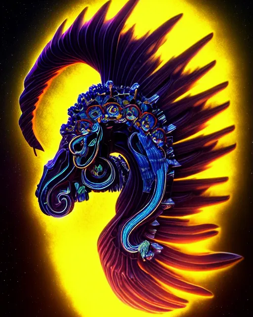 Image similar to 3 d ornate carved dark cosmic horse with profile portrait, sigma 5 0 0 mm f / 5. beautiful intricate highly detailed quetzalcoatl skull. bioluminescent, plasma, lava, ice, water, wind, creature, thunderstorm! artwork by tooth wu and wlop and beeple and greg rutkowski, 8 k trending on artstation