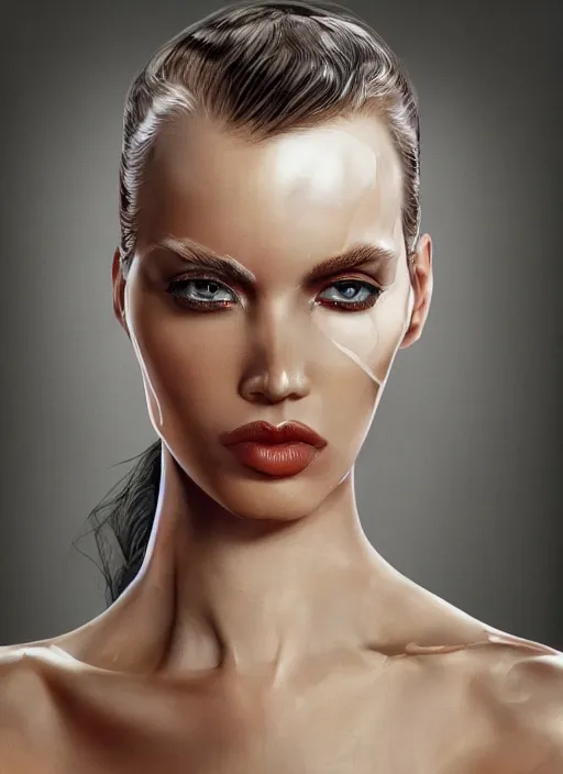 Image similar to a fierce nubile young woman with reflections in her eyes and slicked hair, painted with white paint, clear skin, futuristic, elegant, graceful, fashionable, cinematic, hyperdetailed illustration by irakli nadar and alexandre ferra, depth of field, global illumination,