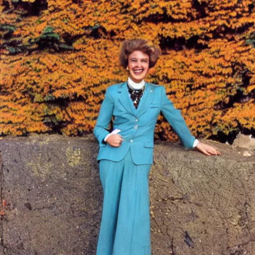 Image similar to a vintage 1 9 8 0 s kodachrome slide of a cheerful lady in a feminine suit posing on a stone wall in autumn sunshine.