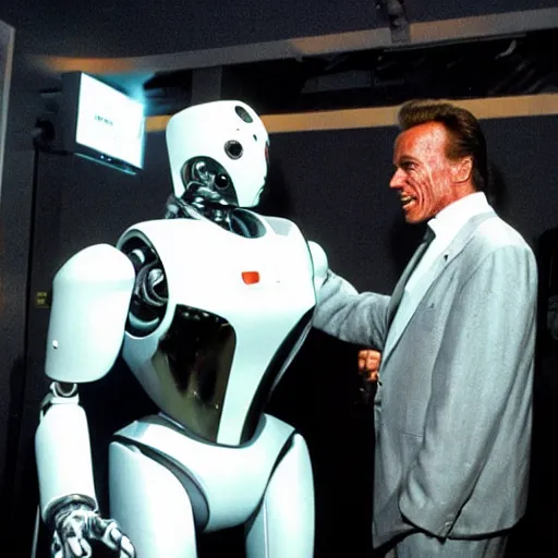 Prompt: LOS ANGELES CA, JULY 7 2025: Futuristic Robot Convention, Arnold Schwarzenegger reacts to a VERY CUTE ROBOT ASKING FOR A HUG