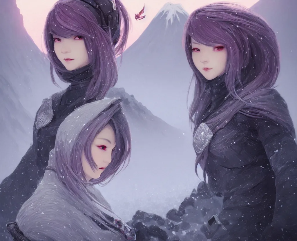 Image similar to portrait grey hair ninja gaiden girl, black plus little pink ninja wardrobe, at snowy fuji mountain sunrise, ssci - fi and fantasy, intricate and very very beautiful, detailed, digital painting, artstation, concept art, smooth and sharp focus, illustration, art by tian zi and wlop and alphonse mucha