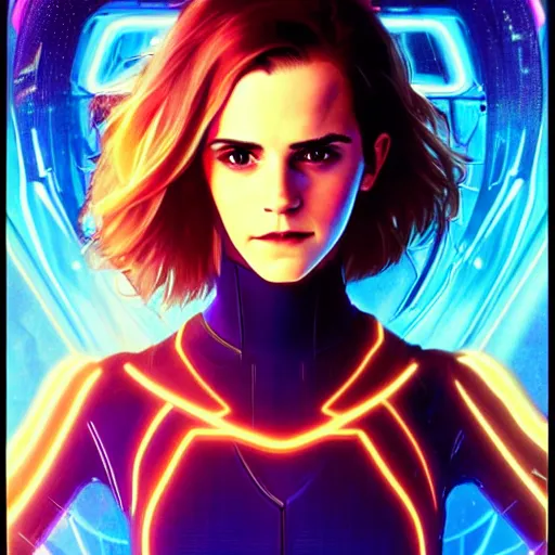 Prompt: portrait of emma watson in a tron legacy costume, art by artgerm and greg rutkowski and alphonse mucha