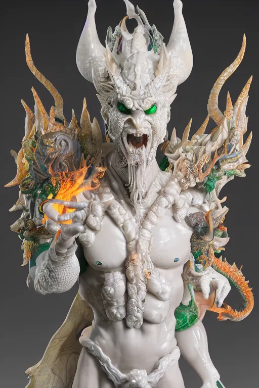 Image similar to a closeup portrait photo, alabaster and jade real delicate ceramic porcelain sculpture of an ornate detailed humanoid dragon demon devil god in front of an intricate background by rafael, micro detail, backlit lighting, subsurface scattering, translucent, thin porcelain, emerald, flames, amber, octane renderer, colorful, physically based rendering, trending on cgsociety