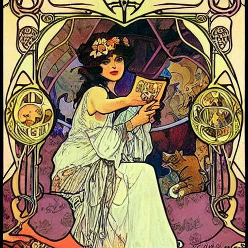 Prompt: Gypsy lady doing tarot card reading inside a gypsy caravan surrounded by cats in art nouveau, Alphonse Mucha