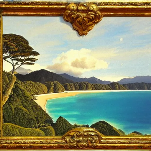 Image similar to golden bay abel tasman new zealand, rococo art style, highly detailed