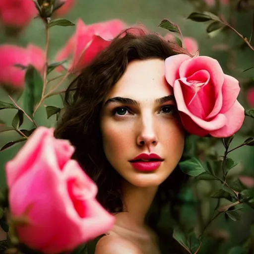 Image similar to fine art photo of the beauty gal gadot, she is merging from pink roses, taken by oleg oprisco