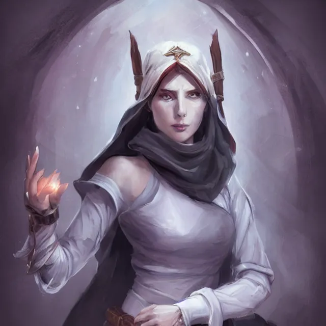 Prompt: Female Cleric with kerchief covering her ears, casting a glowing spell. Blue eyes, black hair, porcelain skin, full lips, high slanted cheekbones. Fantasy art, elegant, highly detailed, dramatic lighting, illustration, award winning on artstation, D&D, Dungeons and Dragons, roleplaying.