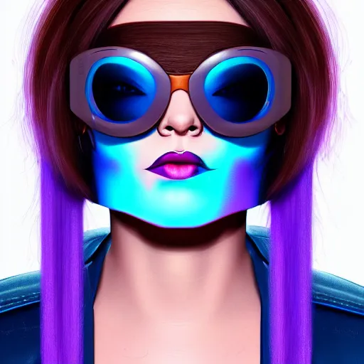 Prompt: closeup painting of a very beautiful young mexican cyberpunk woman with a smirk, wearing light blue shutter shades and a purple leather collar, one side haircut, long brown hair with light blue ends, portrait, hyperdetailed, artstation, cgsociety, 8 k, synthwave by tangerine dream