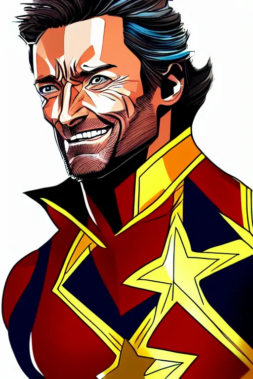 Image similar to Hugh Jackman as Captain Marvel high quality digital painting in the style of James Jean