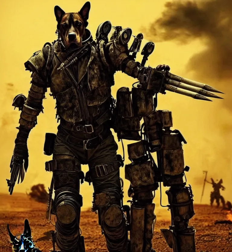 Image similar to a good ol'hound dog fursona ( from the furry fandom ), heavily armed and armored facing down armageddon in a dark and gritty version from the makers of mad max : fury road. witness me.