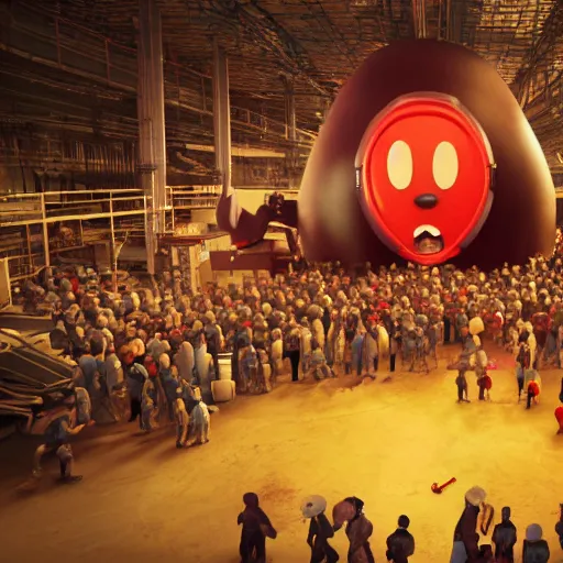 Image similar to a giant mickey mouse head, factory floor, surrounded by factory workers, octane render, cgstation, 3 d render, very detailed, mindblowing, blood and guts, gritty, cyberpunk, cinematic lighting, hyper realism