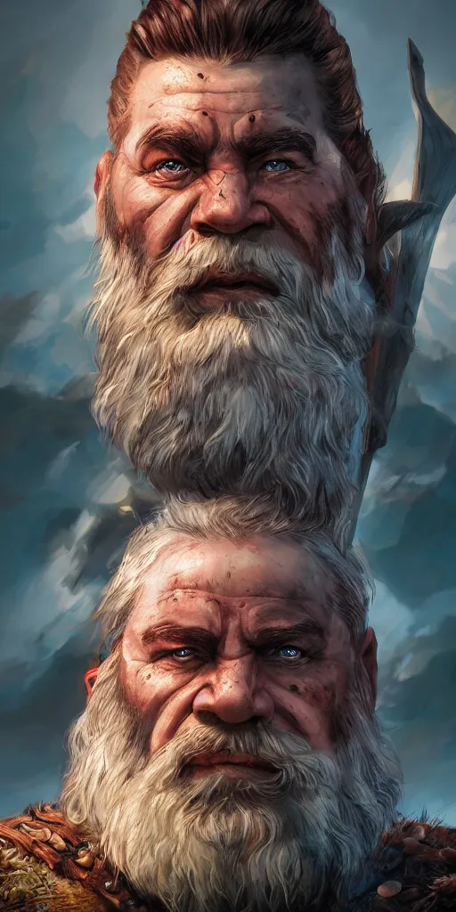 Image similar to A fantasy comic book style portrait painting of a dwarf warrior in a stunning fantasy landscape, unreal 5, DAZ, hyperrealistic, octane render, RPG portrait, dynamic lighting