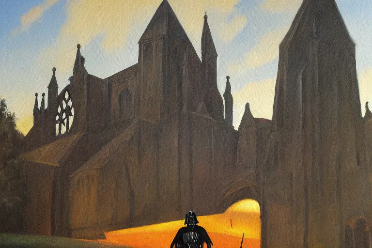 Image similar to a detailed oil painting of darth vader leaving a medieval church,, english, churchyard, trees, golden hour