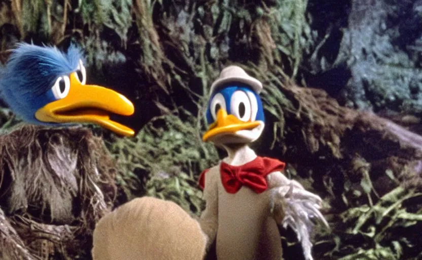 Prompt: a still of donald duck in the dark crystal,