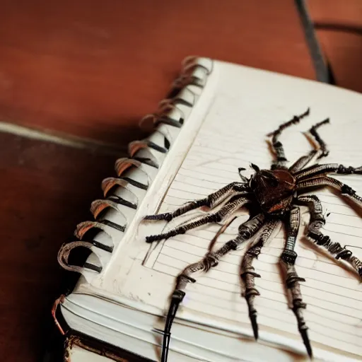 Prompt: a photo of hand skeleton above a dusty diary book, cover with spider web, rusty and old table