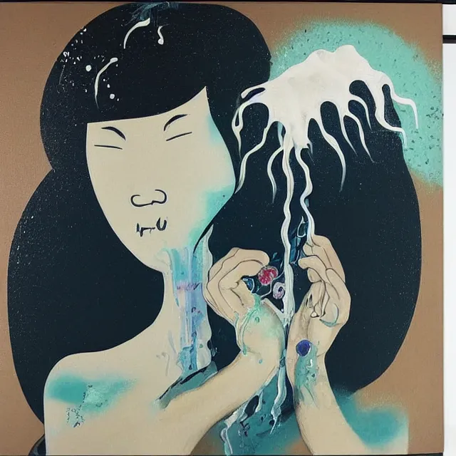 Prompt: “ a portrait in a female art student ’ s apartment, great wave off kanagawa, sensual, art supplies, a candle dripping white wax, berry juice drips, acrylic and spray paint and oilstick on canvas, surrealism, neoexpressionism ”